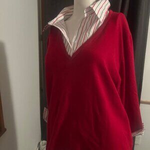 Notations Woman Red V-neck sweater with attached stripe blouse, size 2X